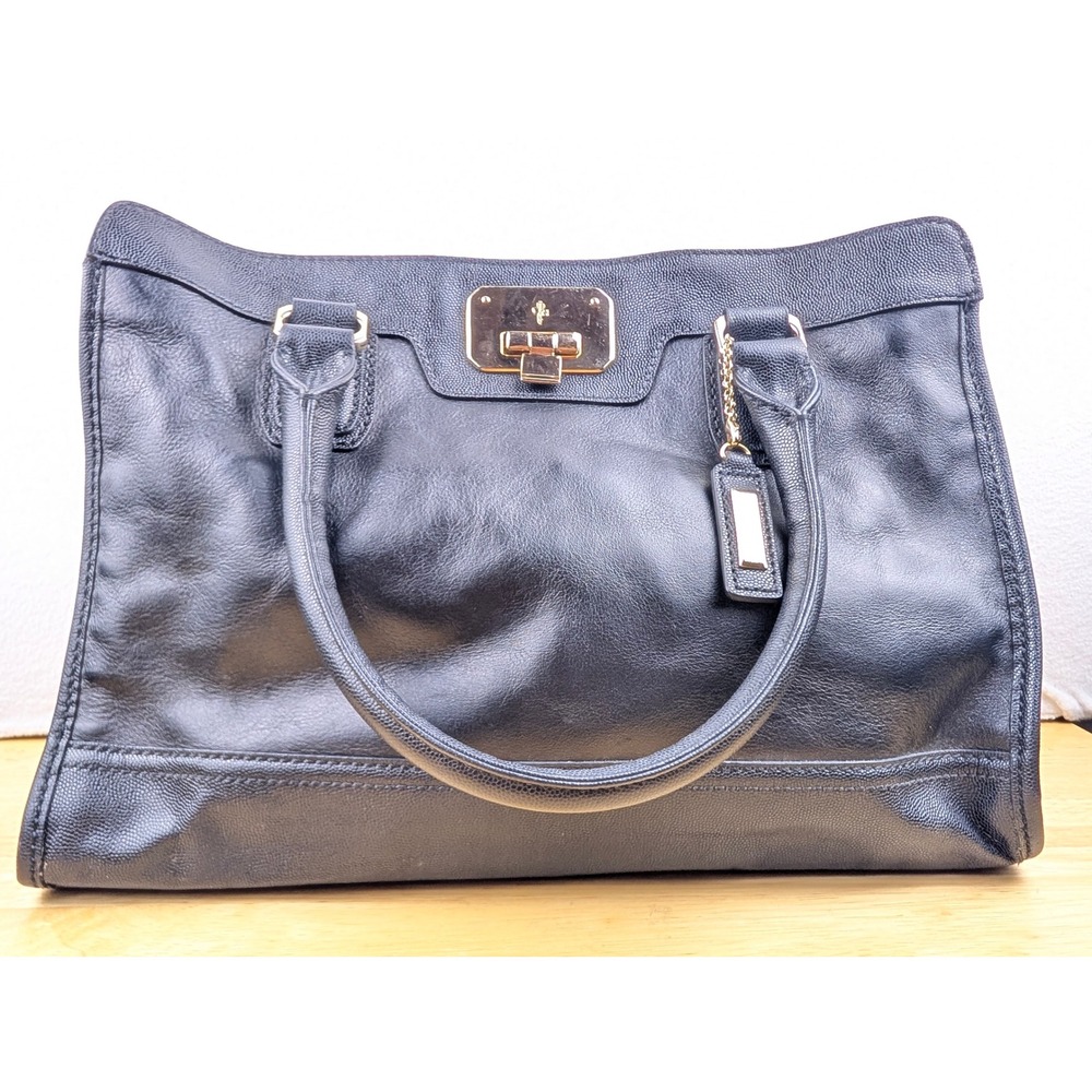 Cole Haan Black Pebbled Leather Satchel Bag Gold Turn Lock Hardware